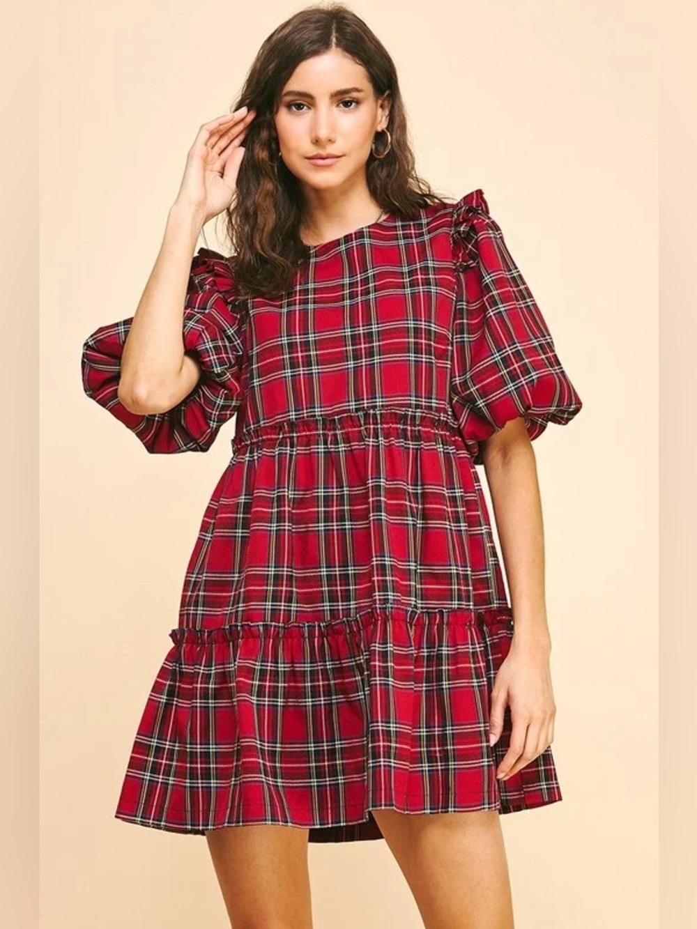 Aura Red Tartan Puff-Sleeve Tiered Mini Dress Size Large